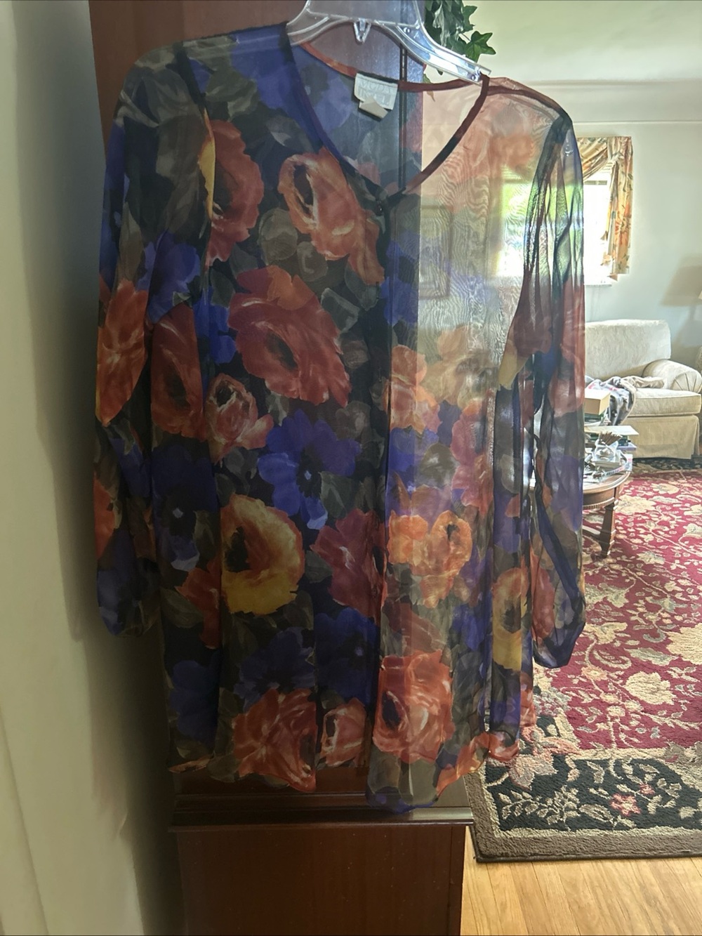 Moda International Sheer Floral Blouse in Navy, Orange, Yellow